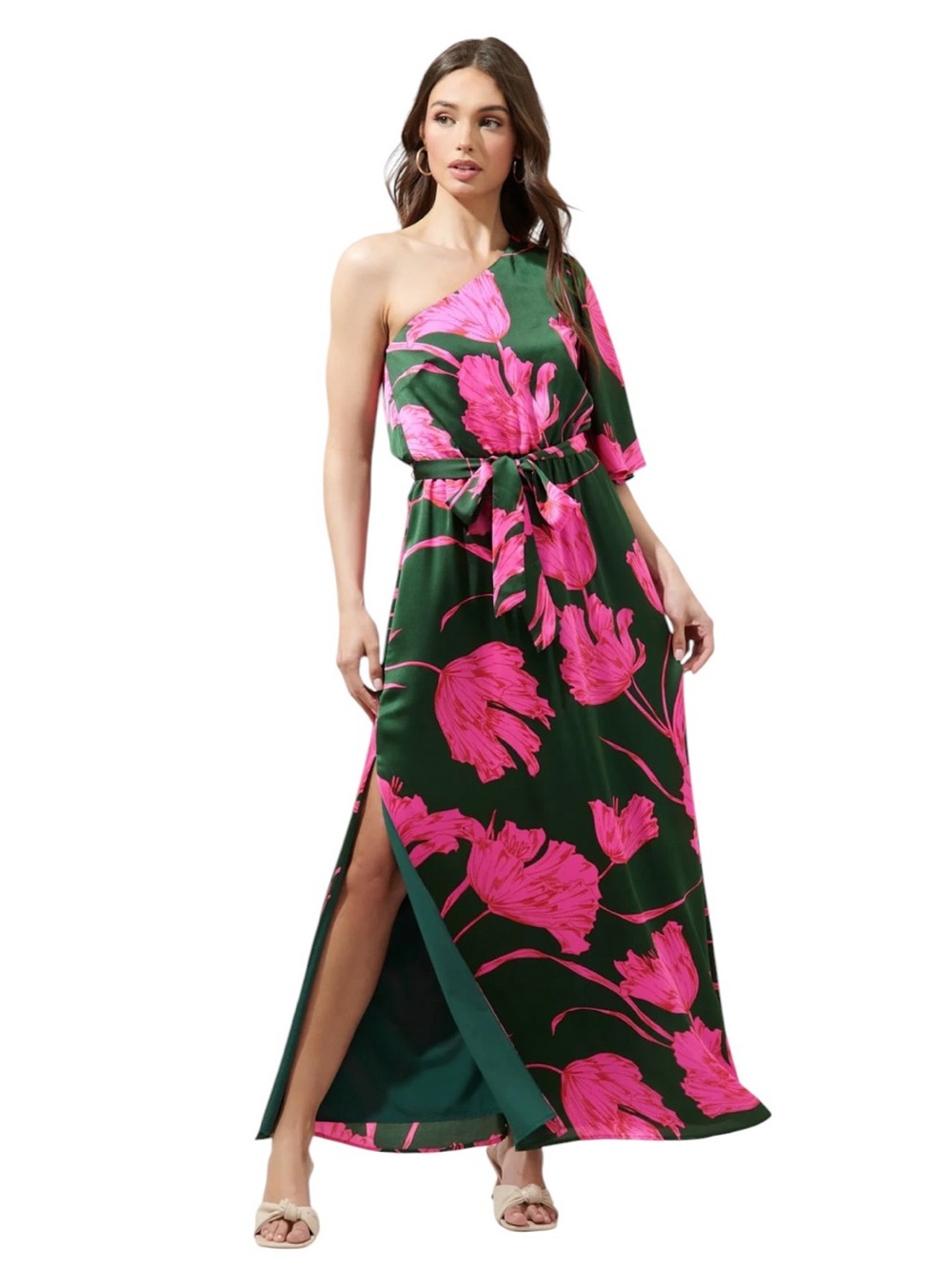 Sugarlips Eartha Floral Meara One-Shoulder Satin Maxi Dress Green Fuchsia Size L